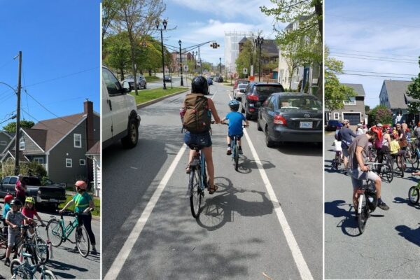Image is a collage of three images. The first is a group of people of all ages riding bikes in a residential neighbourhood. The second is an adult riding their bike with a child next to them in a painted bike lane surrounded by cars. The third image shows another large group of people of all ages riding their bikes in a residential neighbourhood.