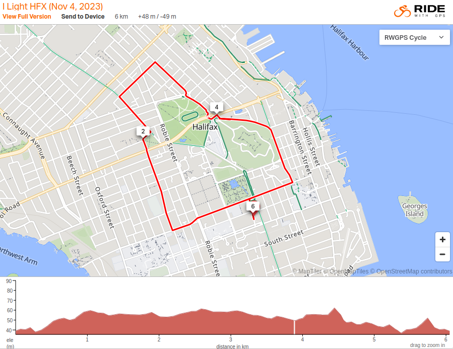 Map of a 6km bike route through downtown Halifax. Elevation is shown below the map. 